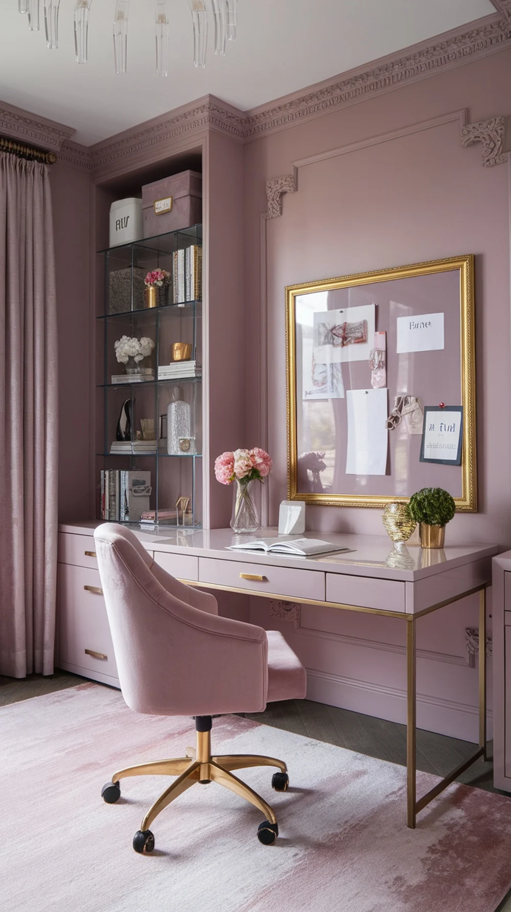 A feminine home office featuring a pink desk, gold-framed pinboard, and elegant decor.