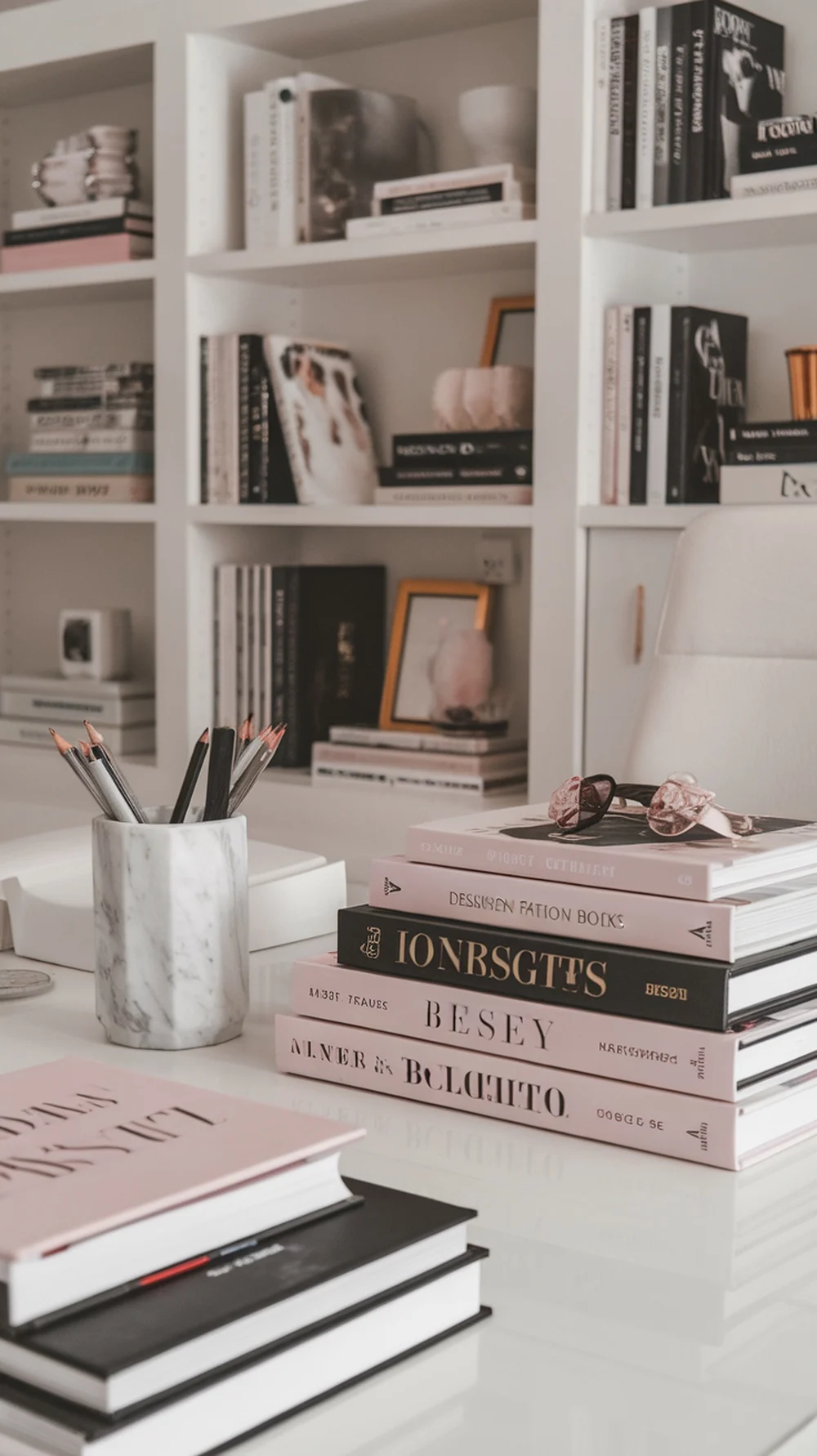 Stylish home office with stacked fashion books on a desk