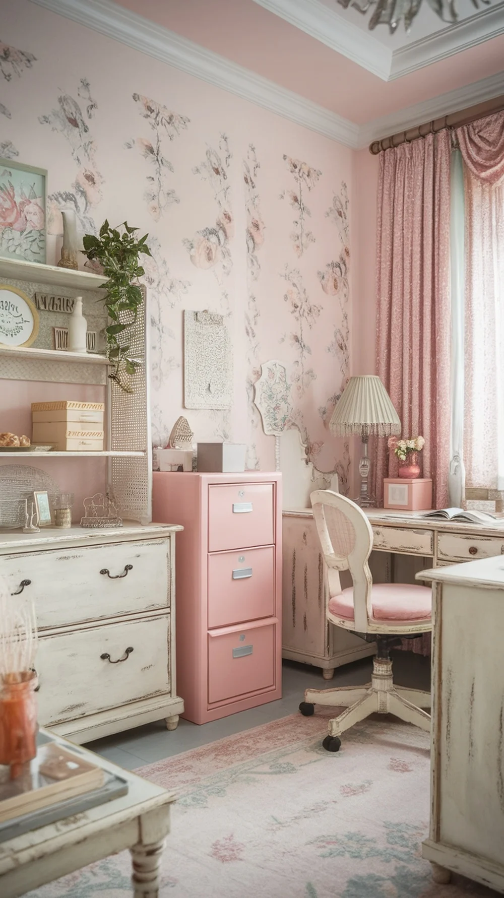A stylish home office featuring a pastel pink filing cabinet, vintage furniture, and floral wallpaper.