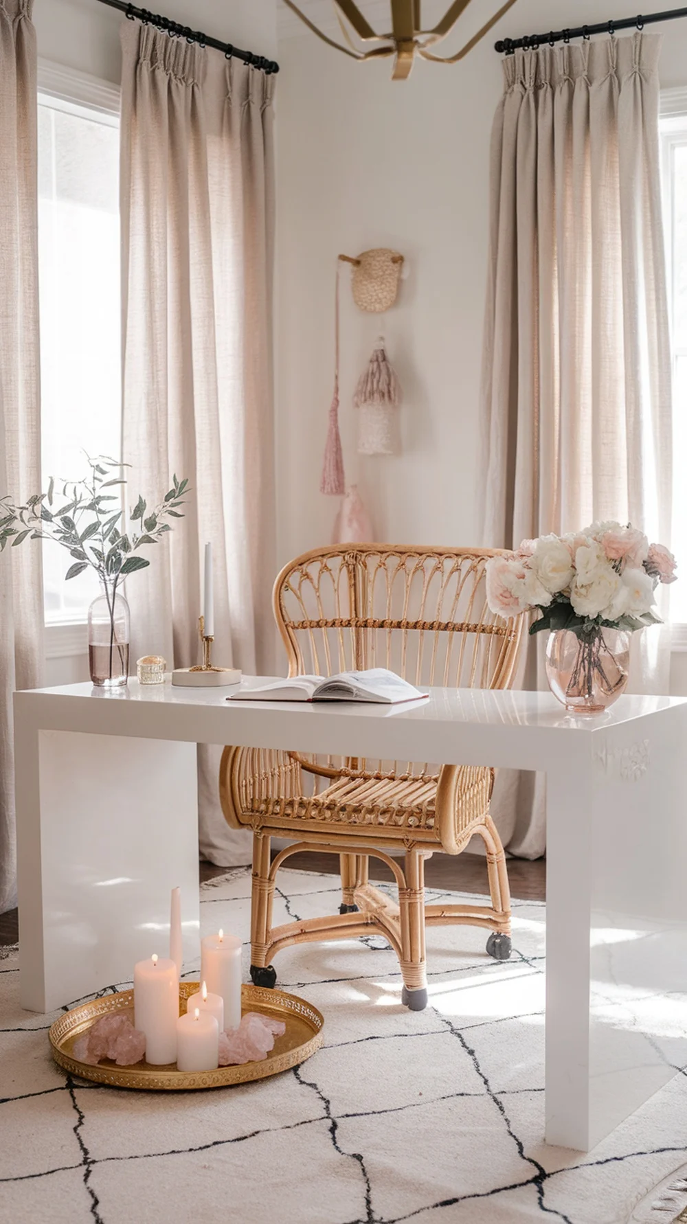 A stylish home office featuring a white desk, rattan chair, candles, and a crystal tray, creating an inviting workspace.