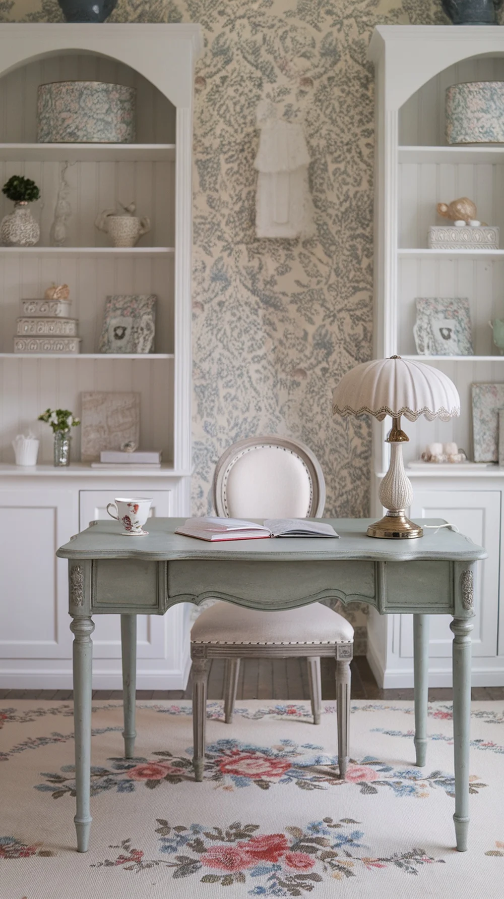 A feminine home office with a scalloped-edge desk lamp, vintage desk, and floral decor