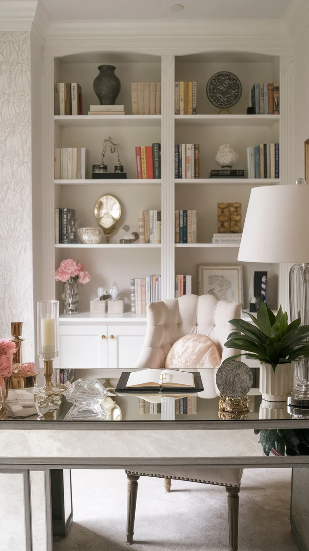 A stylish home office featuring a desk with beauty items, flowers, and bookshelves.