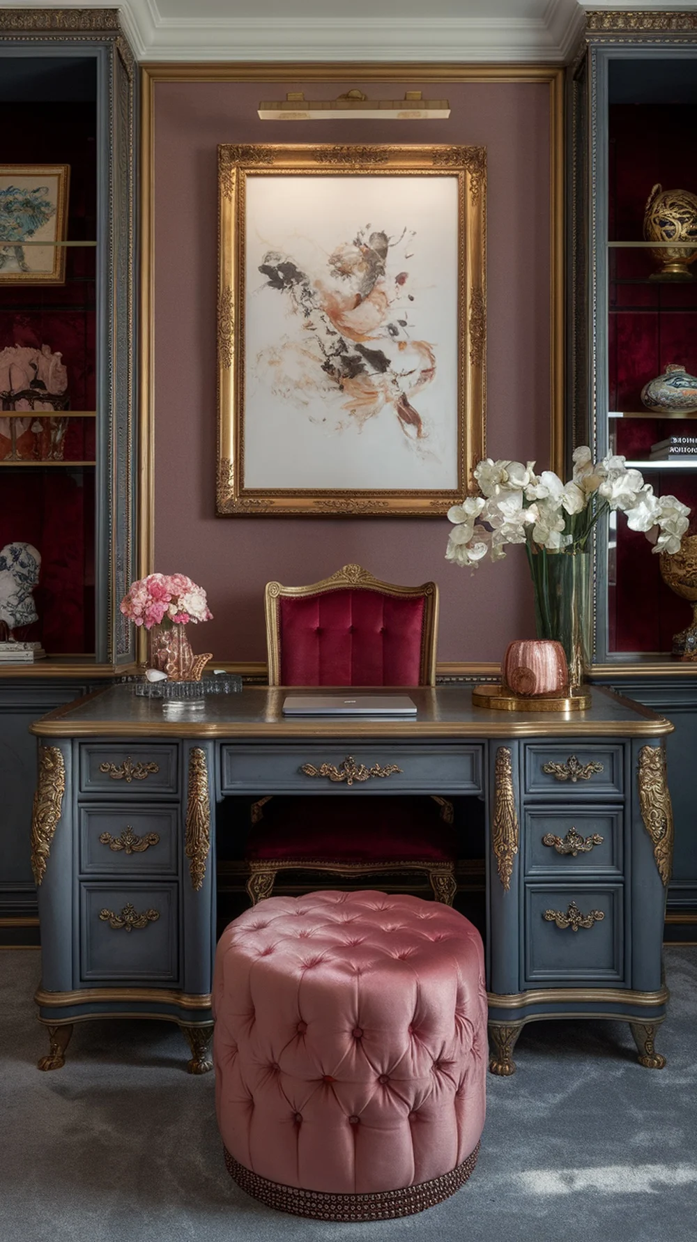 A stylish home office featuring a luxurious desk, plush pink velvet pouf, and decorative elements like flowers and artwork.