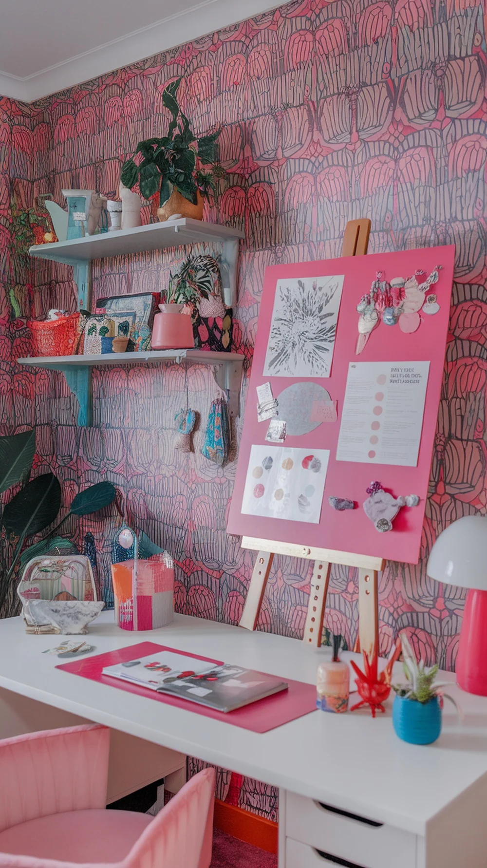 A colorful vision board on a gold easel in a feminine home office with vibrant decor.