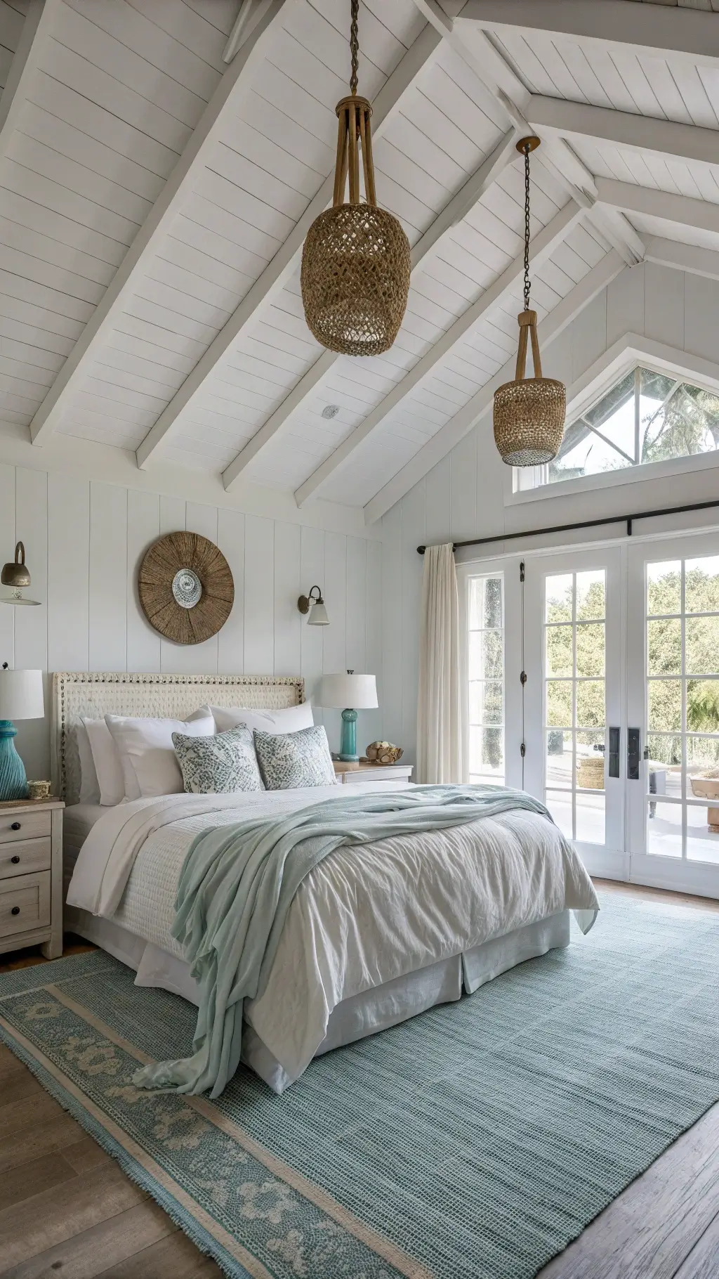 Master bedroom featuring vaulted ceilings with whitewashed beams, bathed in soft morning light. King-sized bed with rumpled white linens and sea glass-colored throws atop a sisal carpet layered with a vintage blue rug. Rope-wrapped pendant lights hang asymmetrically, highlighting the airy space in white, aqua, driftwood gray, and pale sand tones.