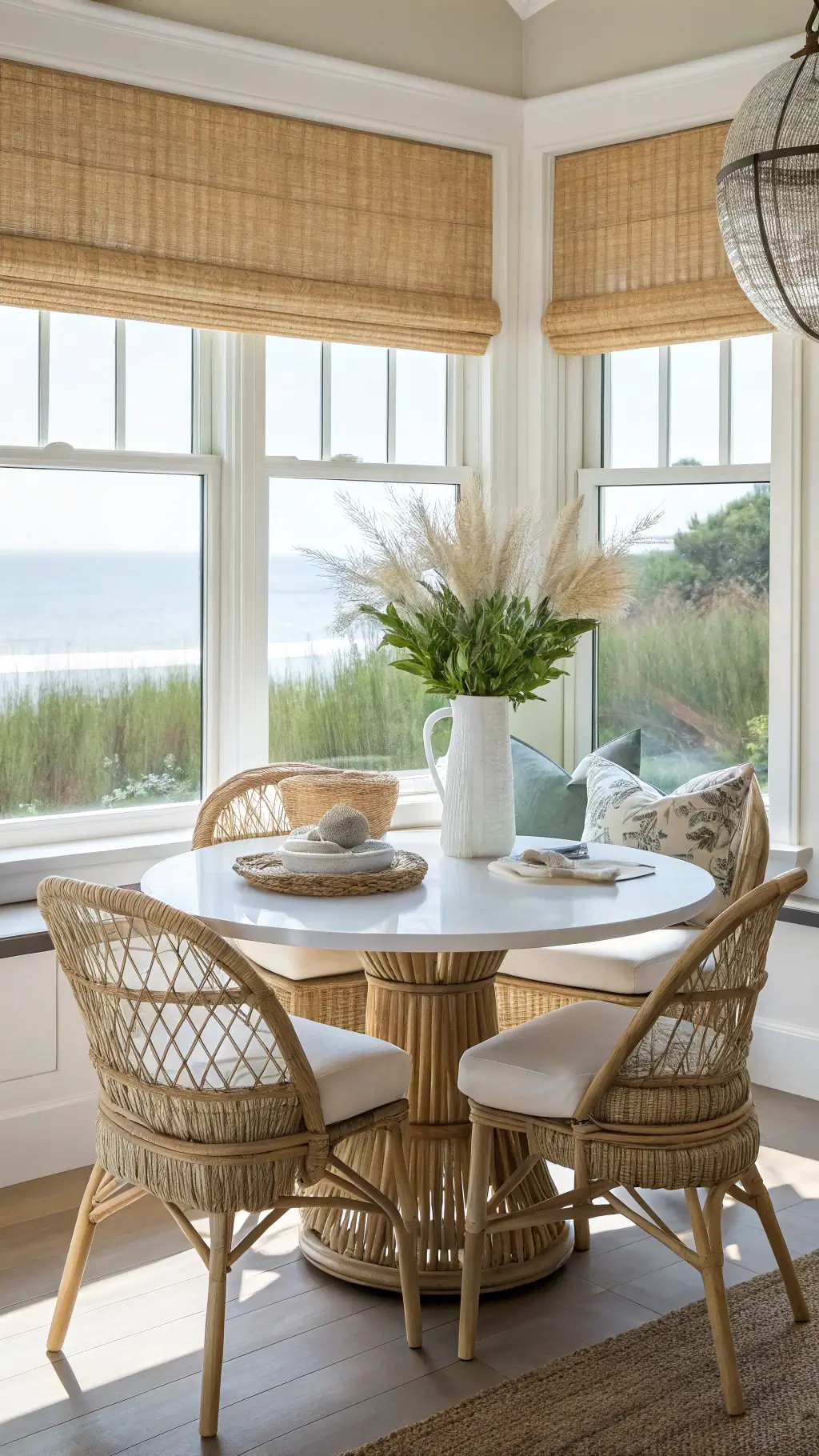 Coastal kitchen nook with a round bleached oak pedestal table surrounded by rattan chairs with white cushions. Bay window with woven bamboo blinds filters morning light. Large glass vase with sea grass centerpiece. Shell-encrusted mirror reflects natural light. Palette includes warm white, natural rattan, and sea glass green accents.