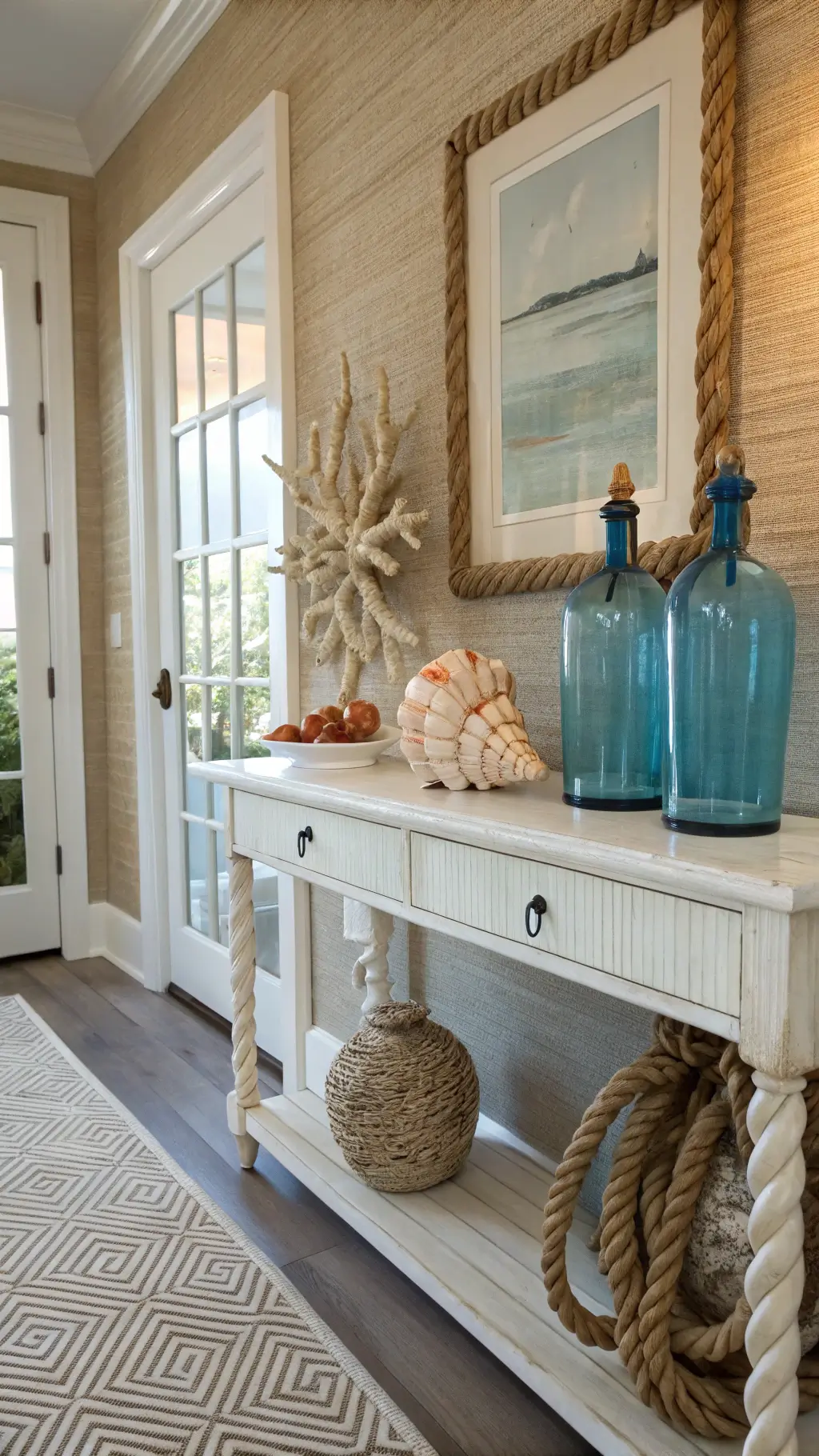 Entryway vignette with whitewashed console table against textured grasscloth wallpaper. Decor includes oversized conch shell, coral under glass cloches, vintage blue glass bottles, and chunky rope knot doorstop. Natural fiber runner with subtle pattern in warm whites, ocean blues, and natural textures, illuminated by afternoon light.