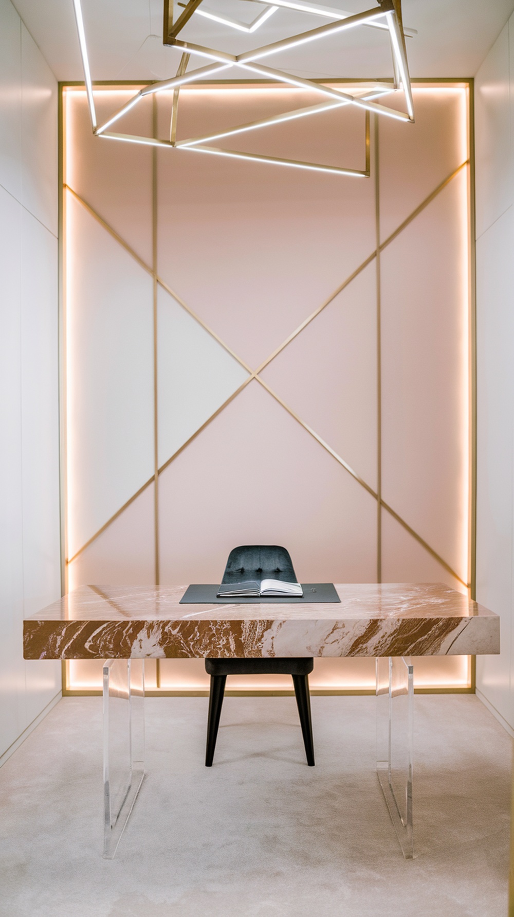 A stylish desk with a modern design in an elegantly decorated office space.