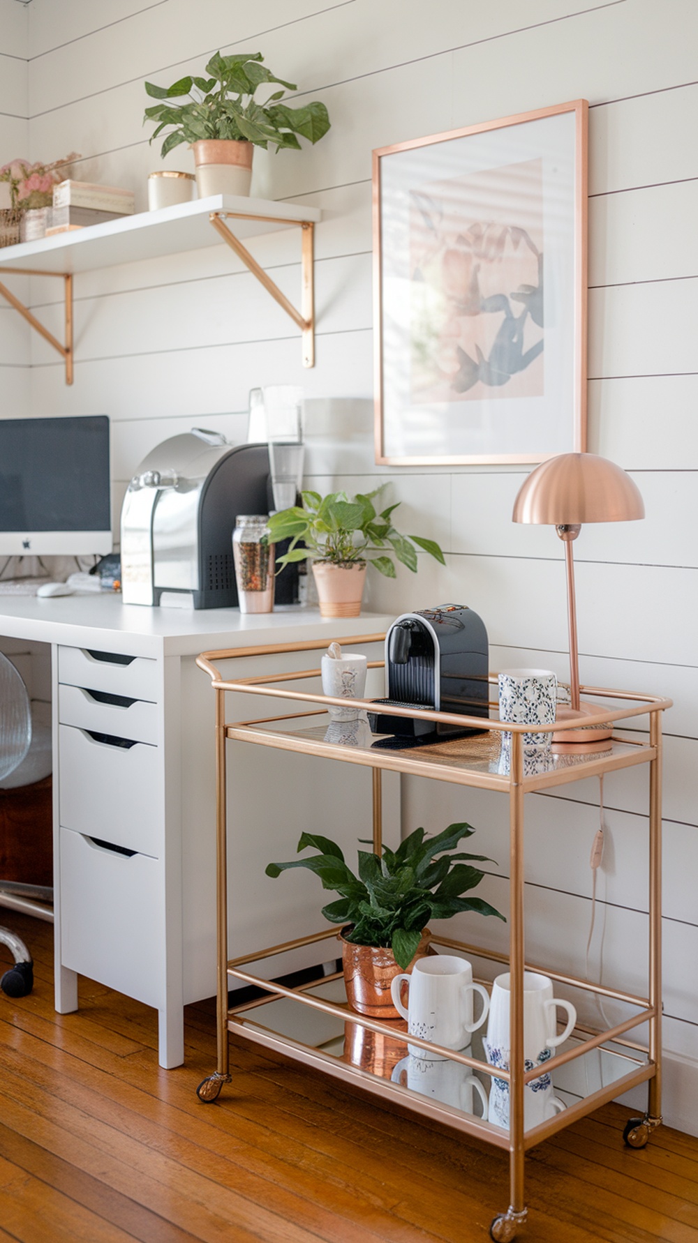 A stylish coffee station in a home office with a coffee machine, mugs, and plants.