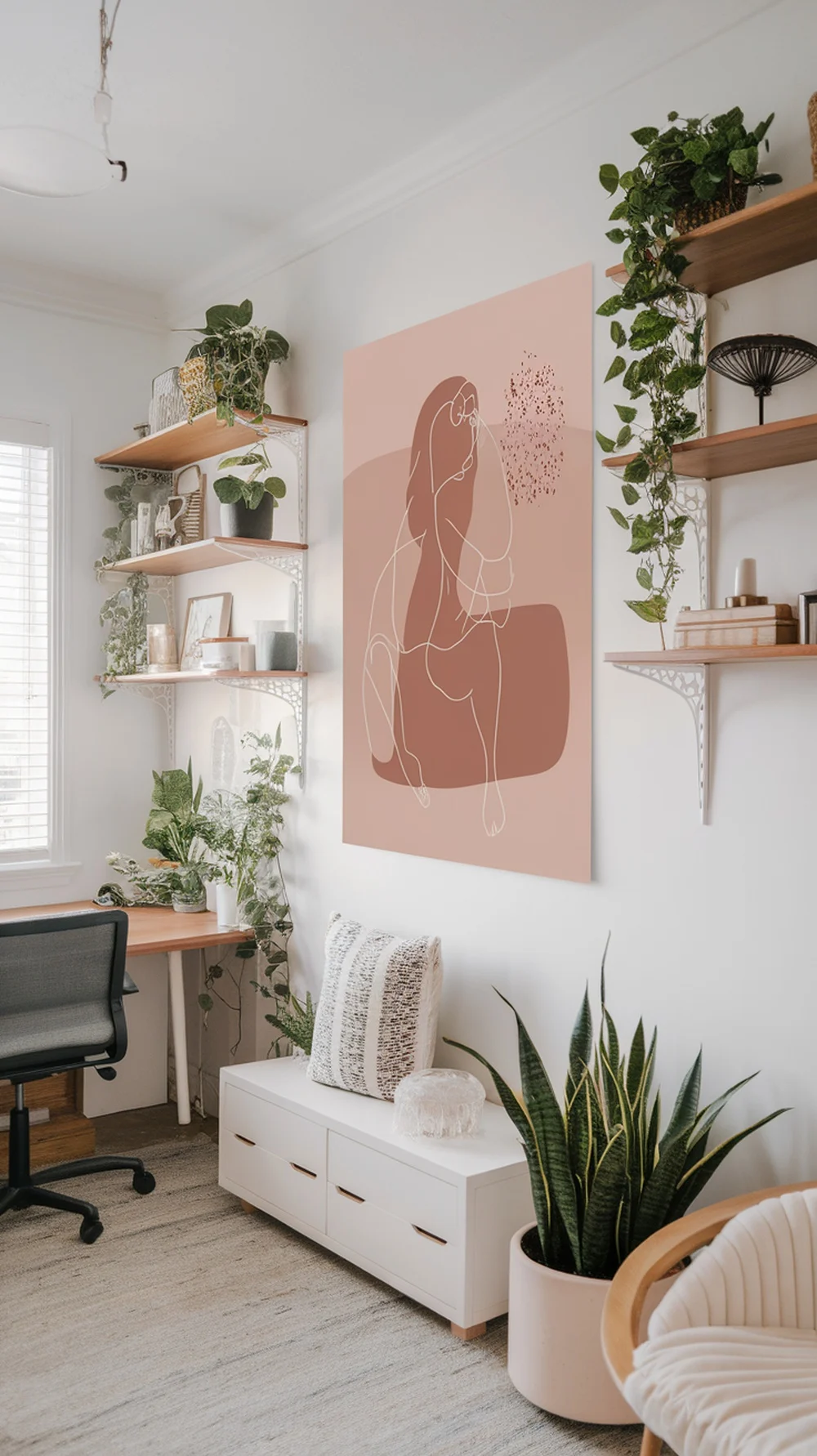 A cozy home office space featuring a line art piece, plants, and a stylish desk setup.