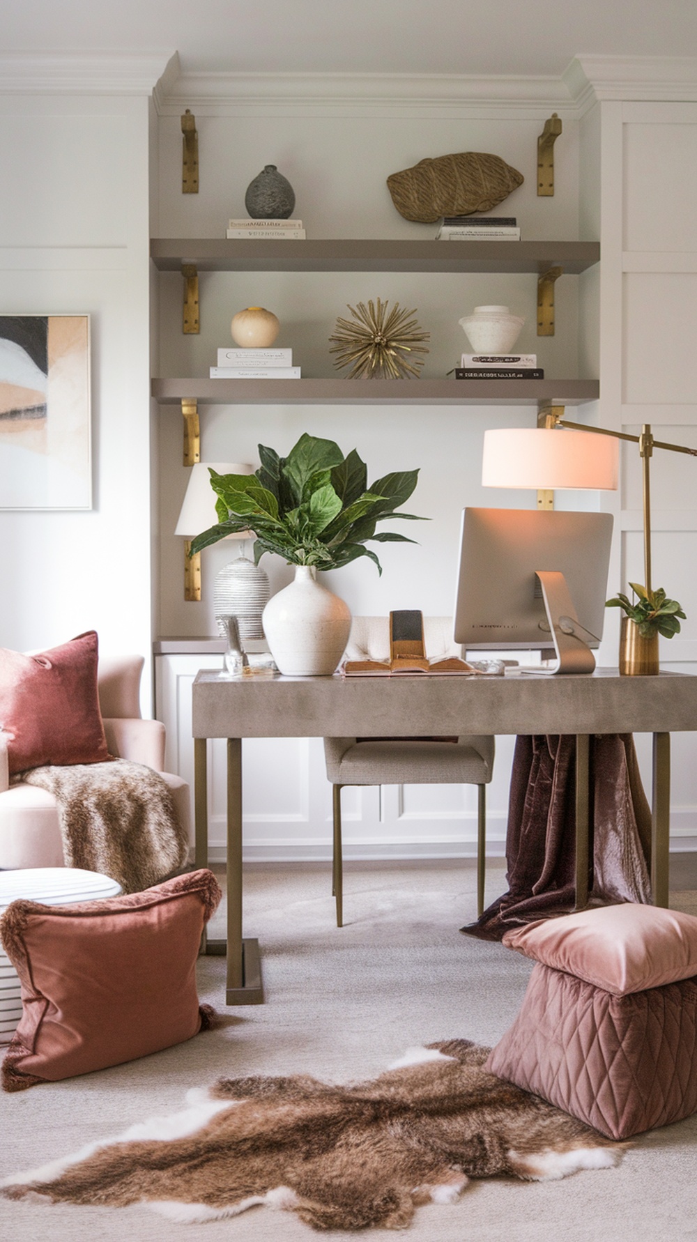 A beautifully arranged home office with elegant textures, featuring a modern desk, cozy armchair, and decorative elements.