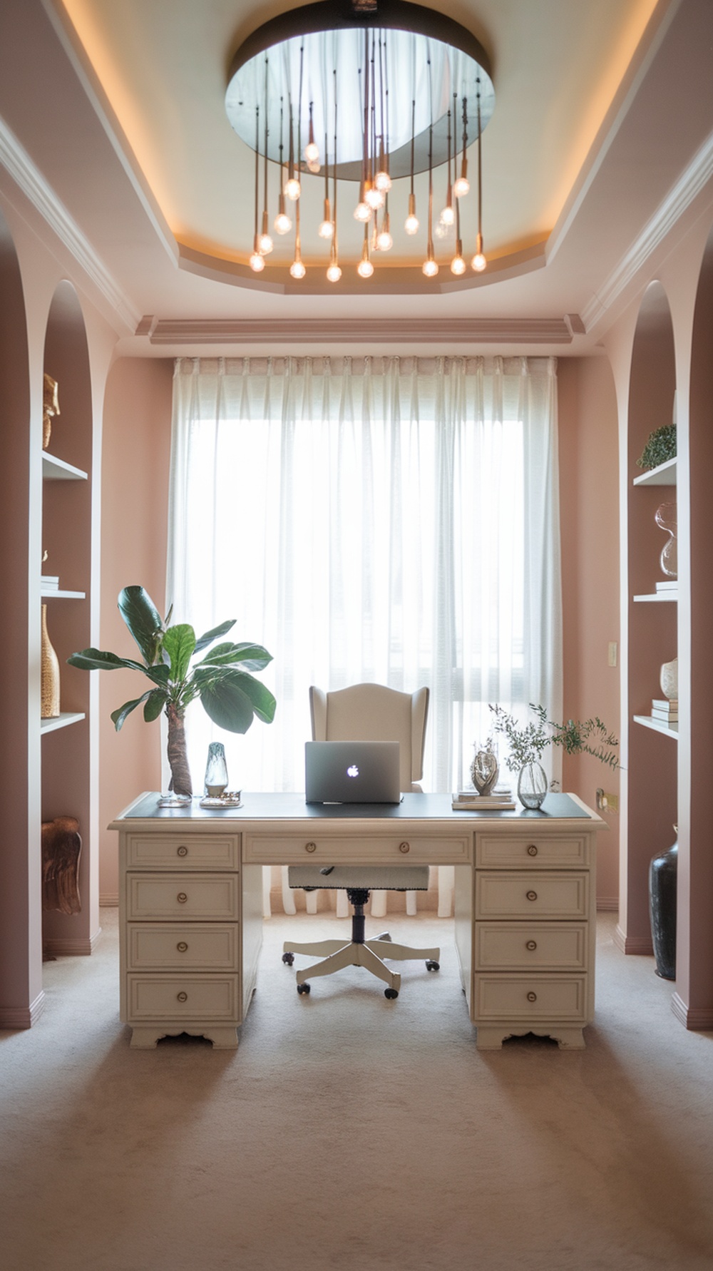 Stylish home office setup with a statement light fixture, desk, and cozy decor.