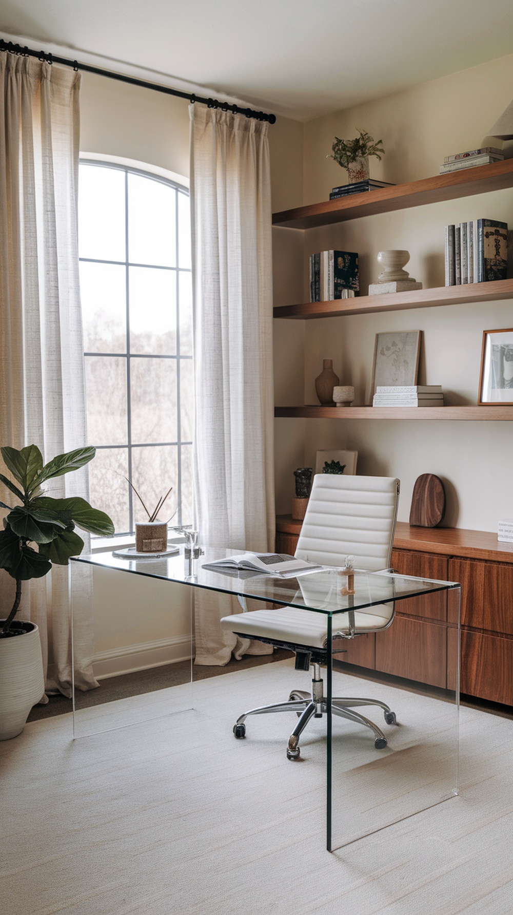 A stylish glass desk by a window with a comfortable chair, surrounded by plants and shelves.