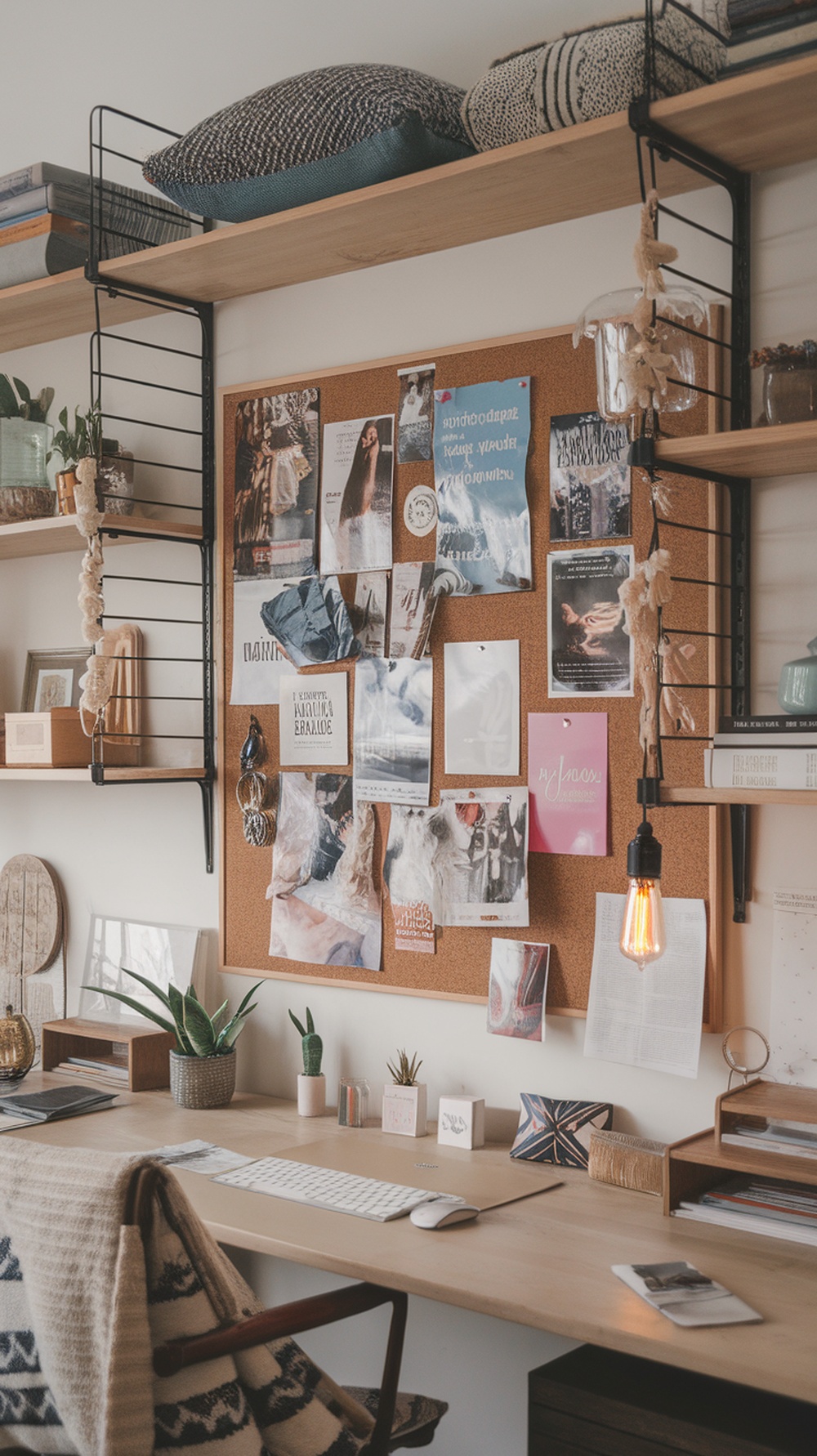 A vision board wall filled with inspirational images and quotes in a cozy home office setup.