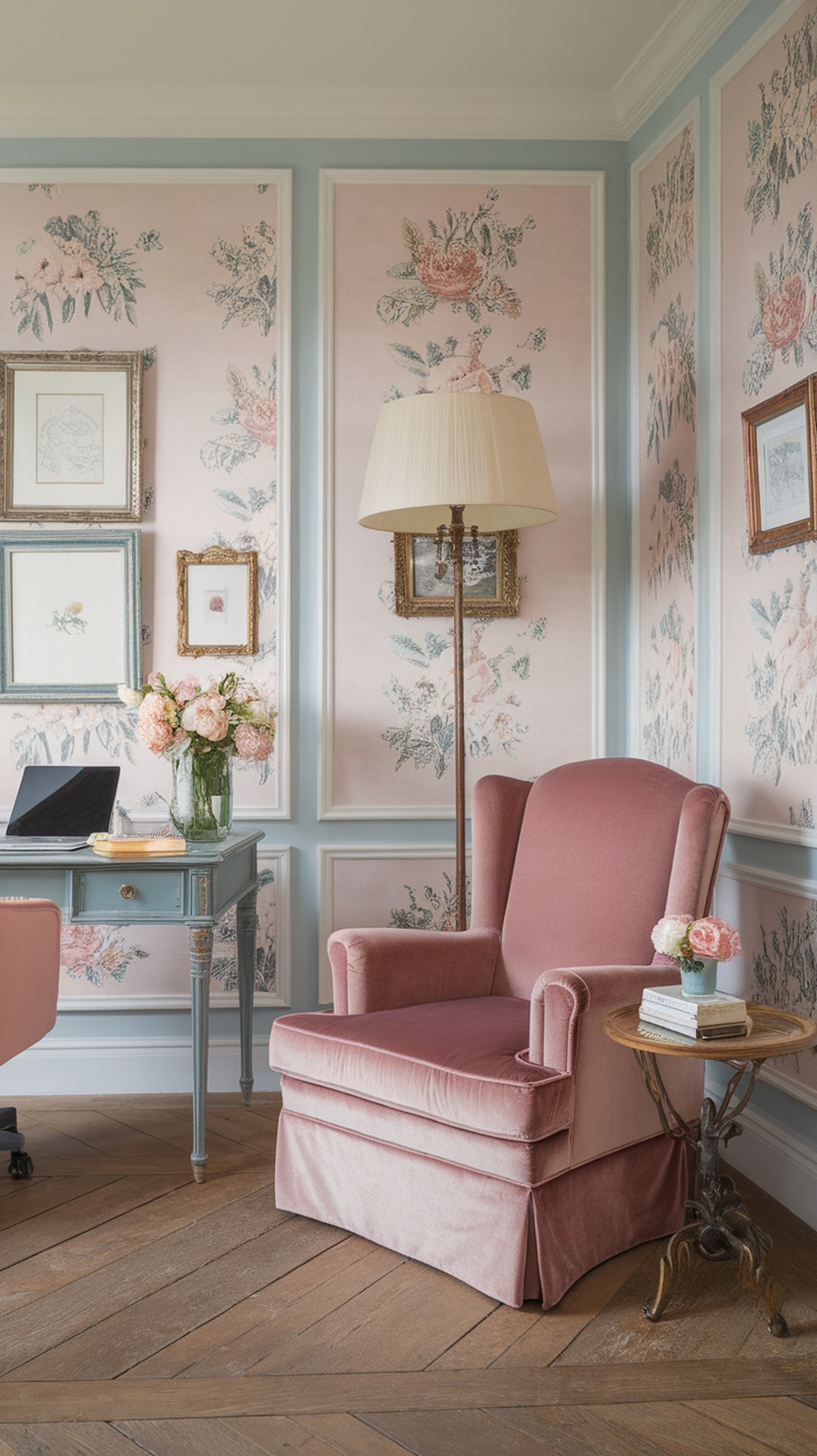 Cozy reading nook in a feminine home office with pink floral wallpaper and a vintage chair.