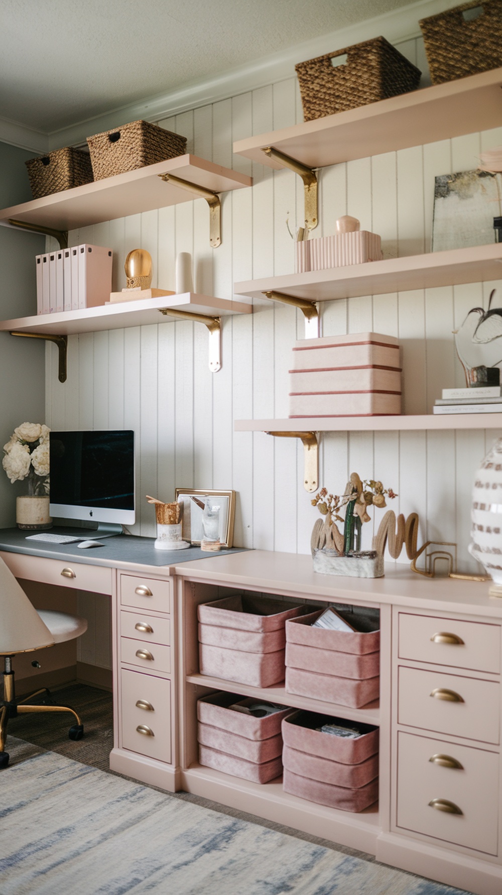 A beautifully organized feminine home office with soft pink accents and stylish storage solutions.