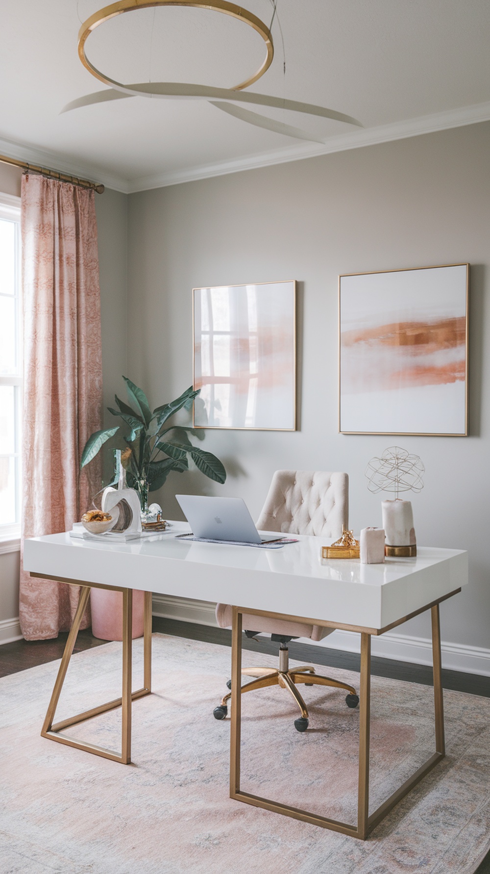 A stylish home office featuring a white desk, elegant decor, and a feminine aesthetic.