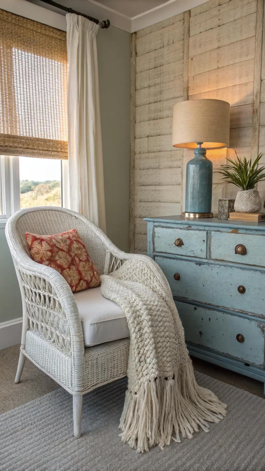 Cozy coastal bedroom corner with a whitewashed rattan chair draped in a chunky oatmeal knit throw. A distressed blue-gray chest holds a ceramic lamp and gathered coral. Soft dawn light filters through woven bamboo blinds, casting linear shadows on seagrass wallpaper.