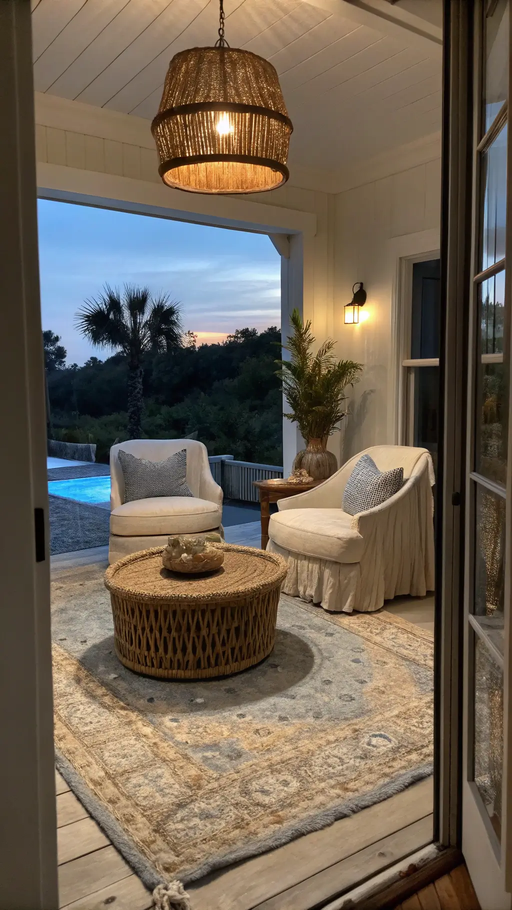 Master bedroom sitting area at dusk with two natural linen slipcovered armchairs facing a round rope-wrapped coffee table. Layered sisal and vintage Persian rugs in muted blues and sandy tones cover the floor. A rattan pendant casts warm, moody light. A side table holds curated shells and driftwood.