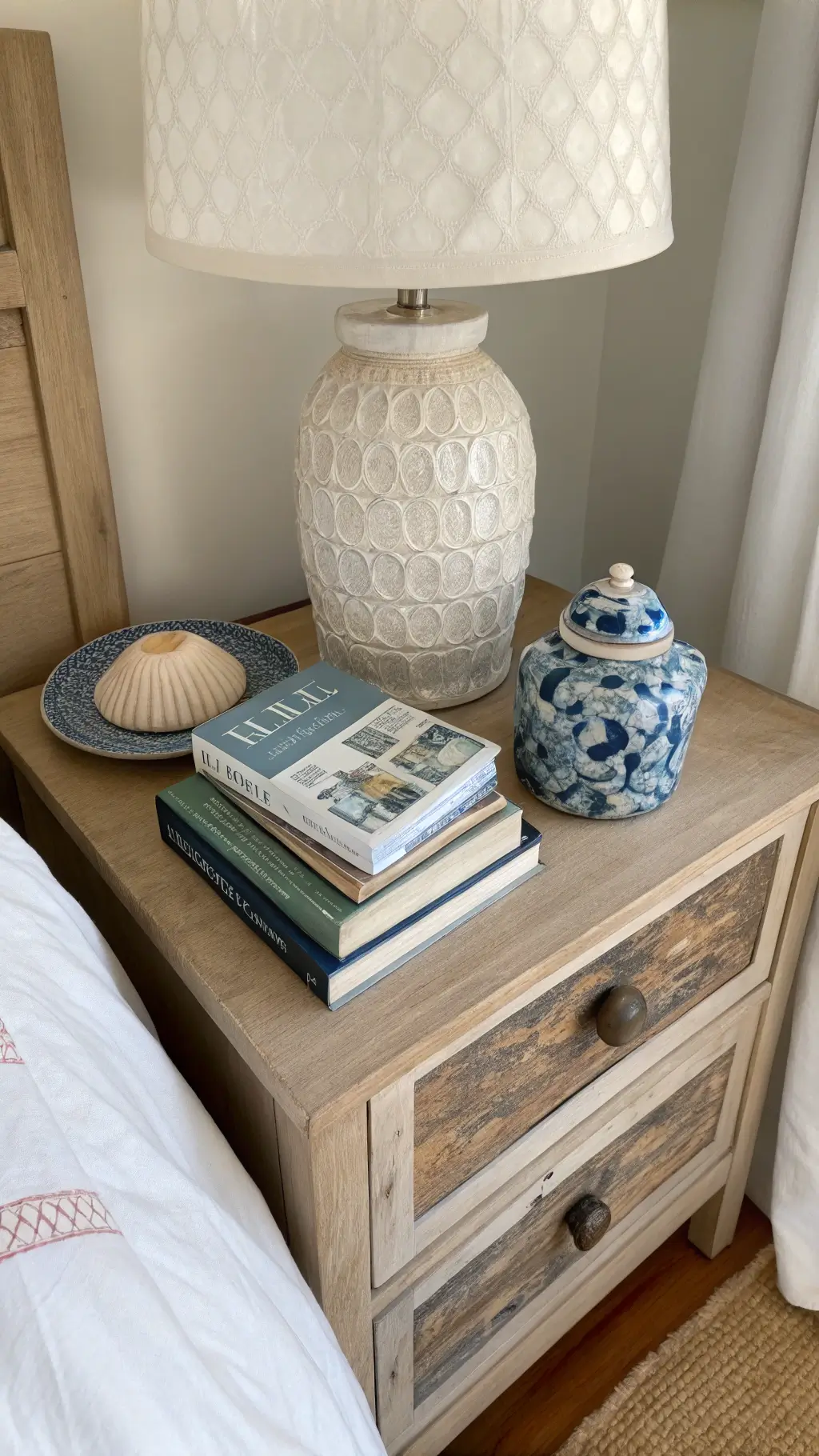 Bedside scene in soft morning light featuring a bleached wood nightstand with stacked coastal coffee table books, a capiz shell table lamp, and a small blue-and-white ginger jar. White linen bedding peeks into the frame, while natural light highlights textures and casts gentle shadows.