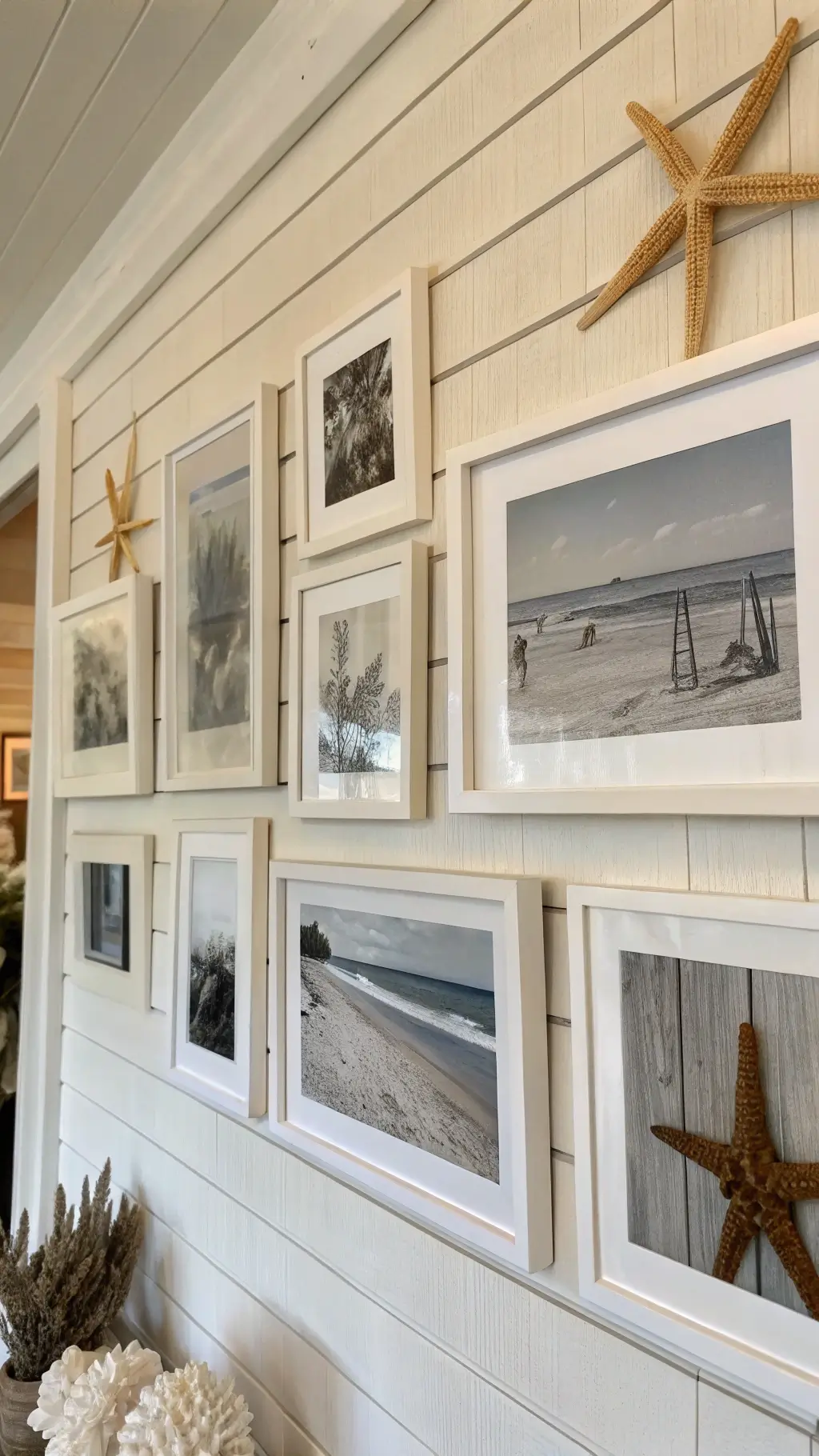 Wall gallery with black-and-white beach photos in whitewashed frames, accented by mounted starfish and coral on a warm white shiplap wall.