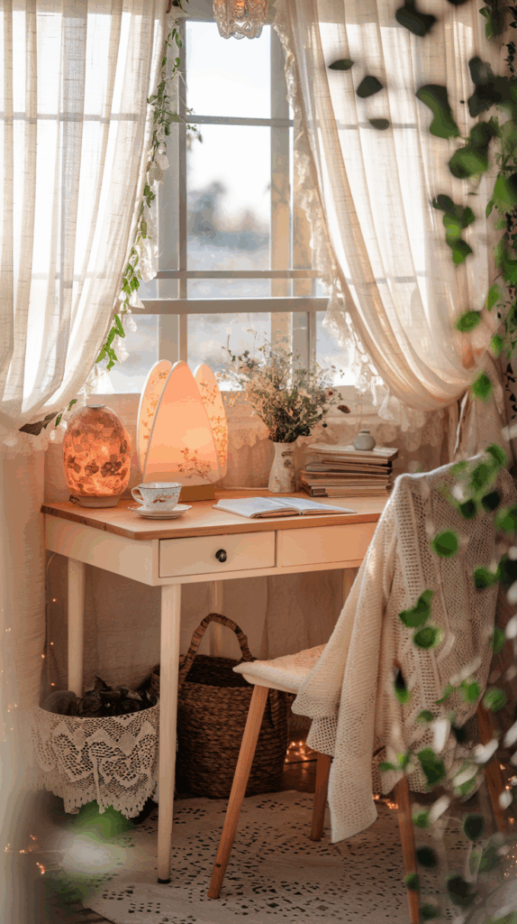 A photo of a cottagecore-inspired home office corner bathed in soft, natural light