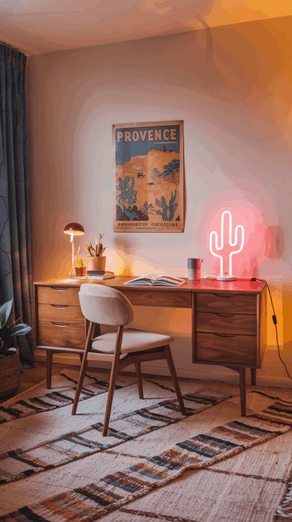 A stunning, impeccably styled home office that balances visual harmony, comfort, and creative energy