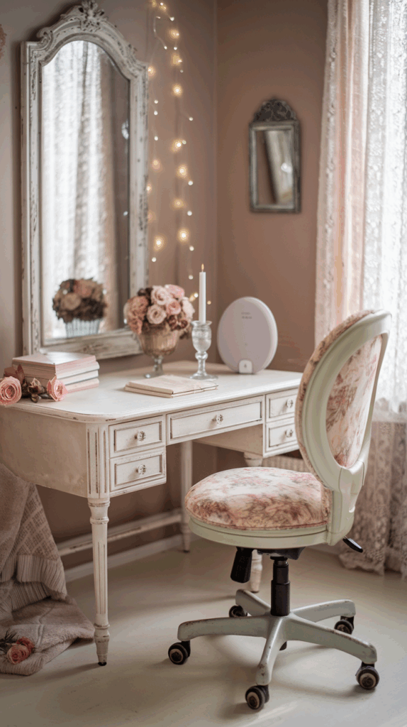 A beautifully styled shabby chic home office that blends vintage elegance with modern function.