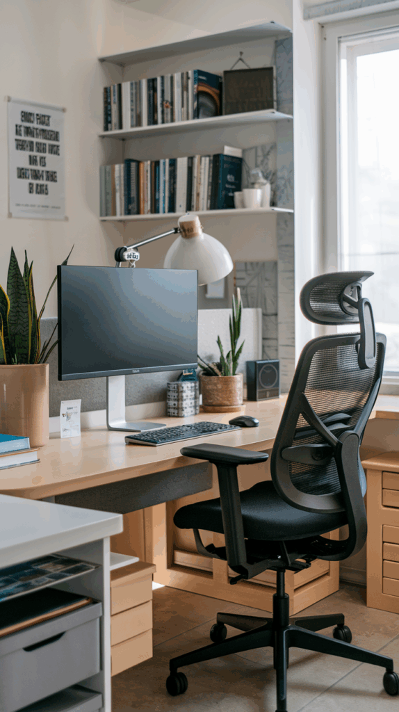 A well-thought-out contemporary home office with an ergonomic chair with proper back support