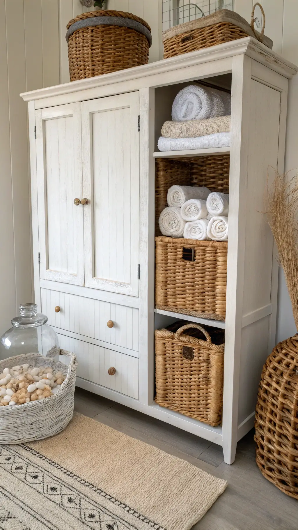 Whitewashed armoire with rattan details, styled with woven baskets, rolled towels, and glass containers of collected shells, bathed in soft morning light. A jute rug lies in the foreground, enhancing the natural textures and warm tones.