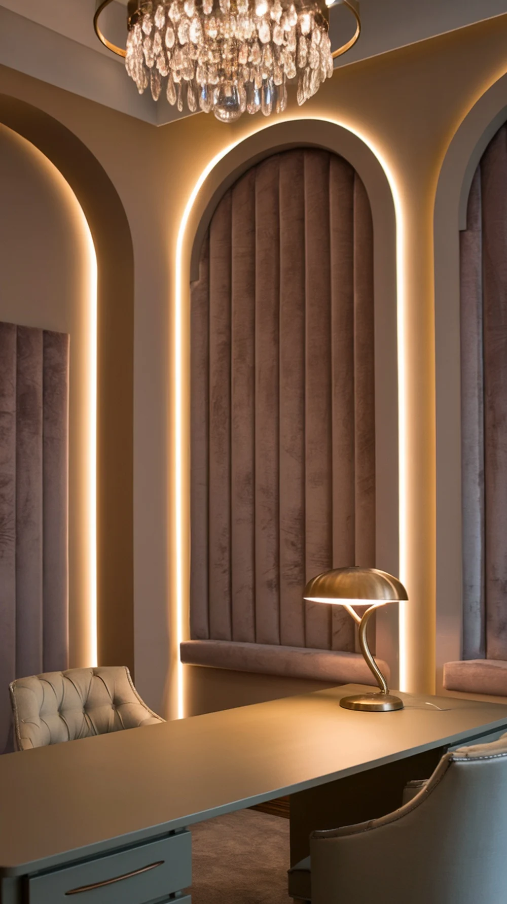 A stylish home office featuring layered lighting and elegant decor.