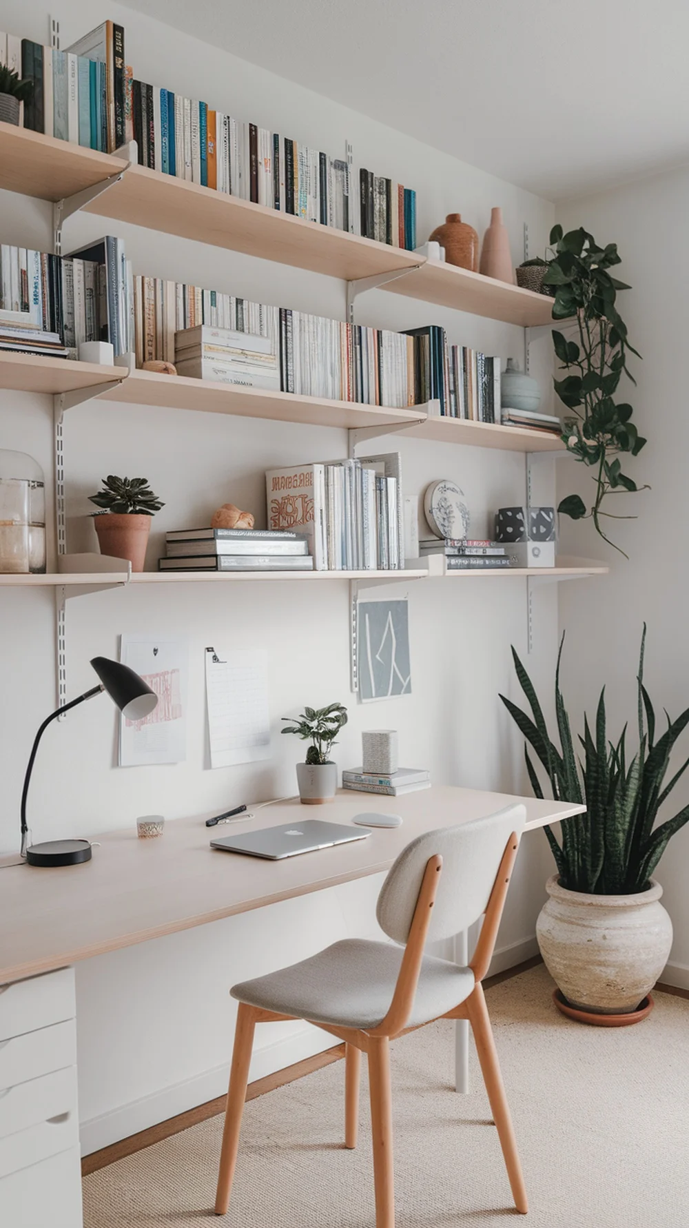 A modern home office with floating shelves displaying books and plants, featuring a minimalist desk and comfy chair.