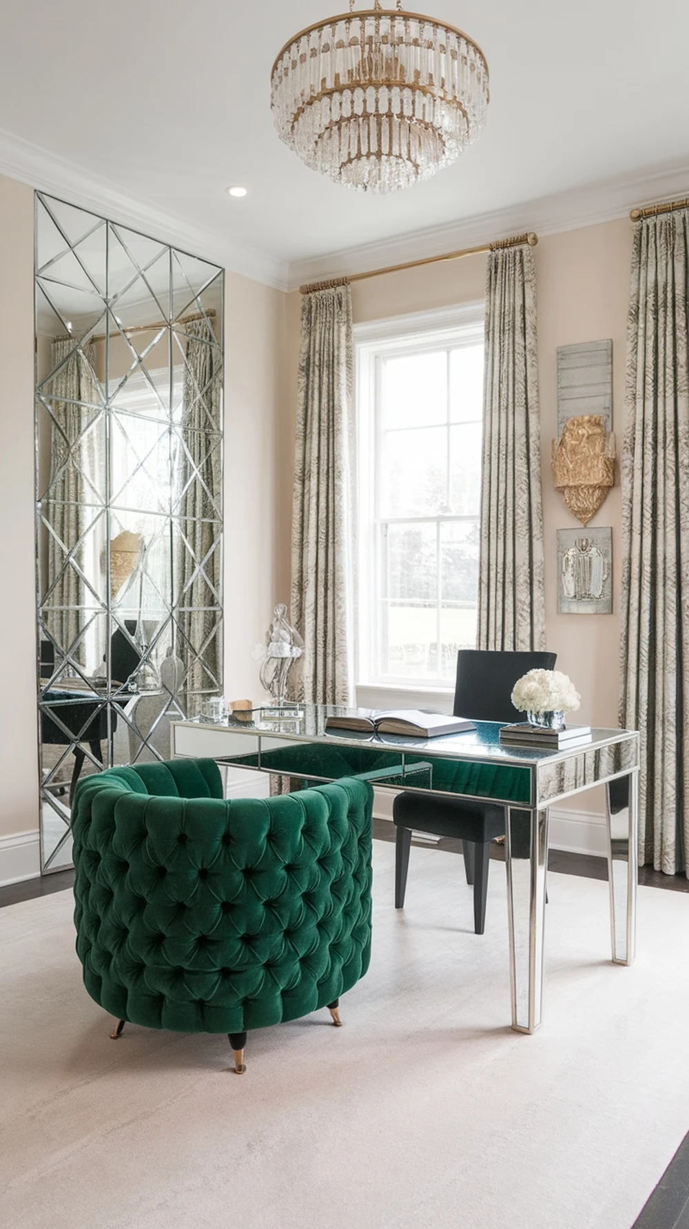 Luxurious green velvet chair in a stylish home office setup with a mirrored desk and chandelier.
