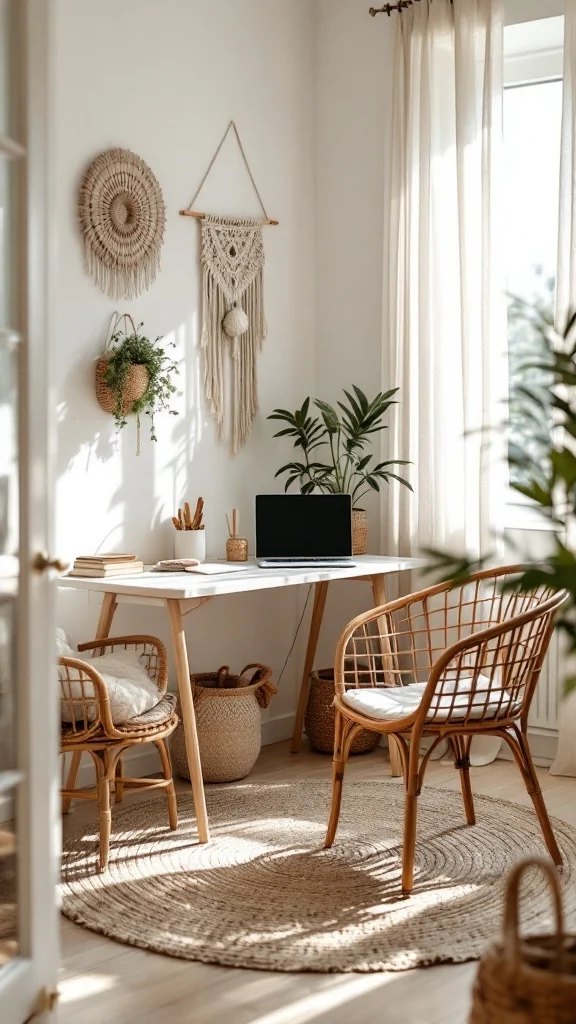 A cozy home office corner featuring rattan furniture, natural textiles, and wall hangings.
