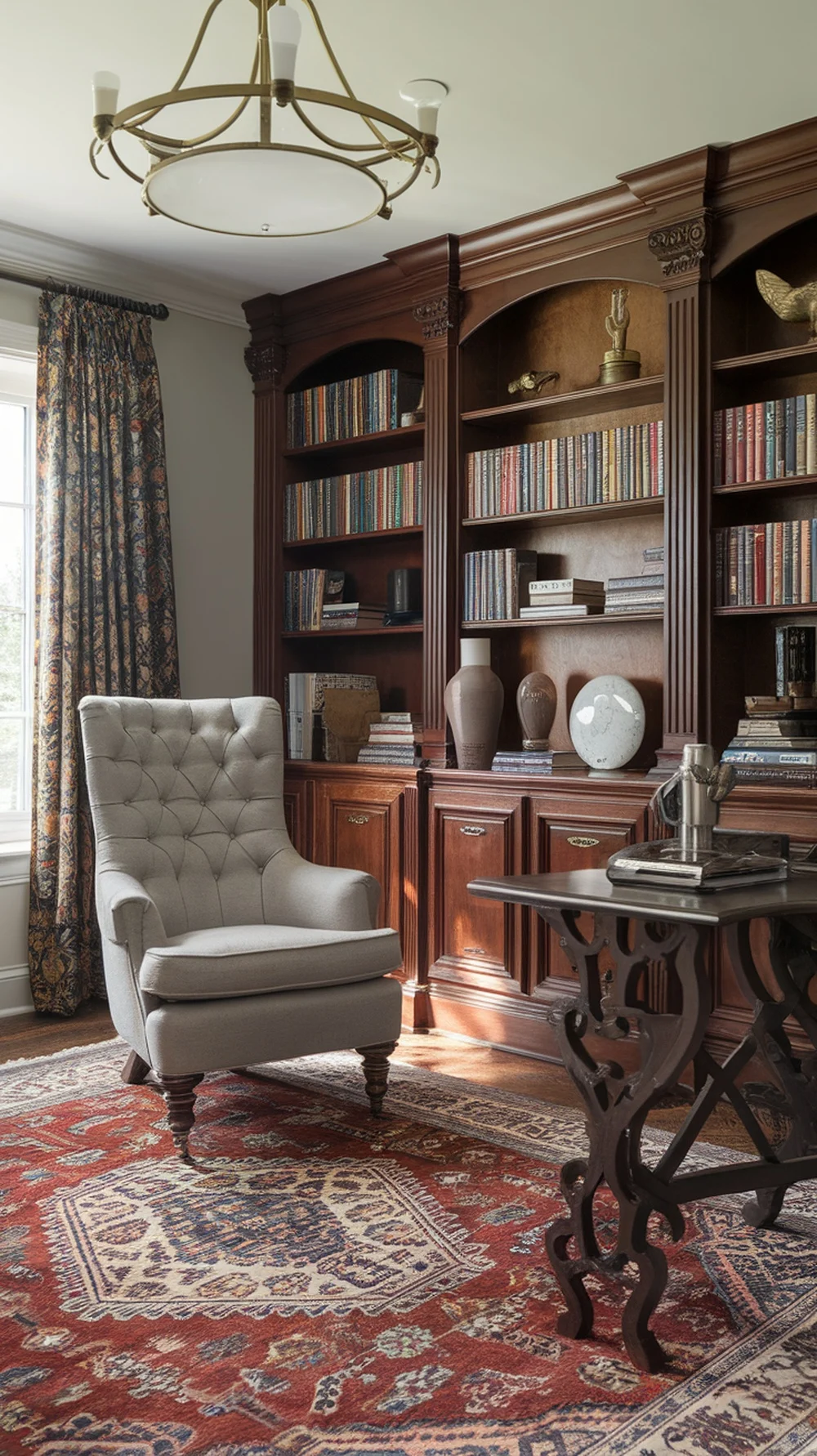 Cozy reading corner with a plush chair and bookshelves