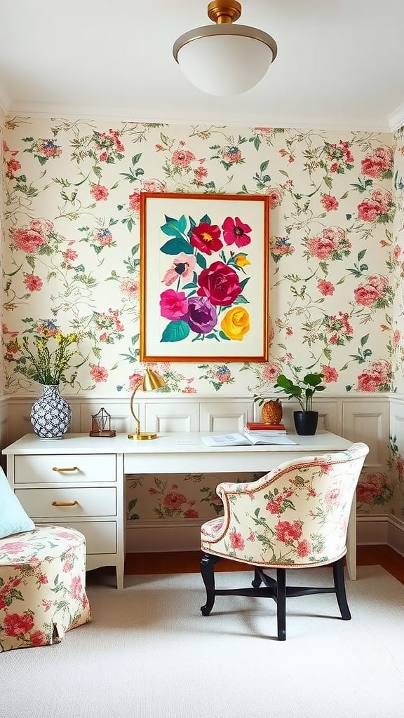 A vibrant and stylish home office featuring bold wallpaper, plants, and eclectic furniture.