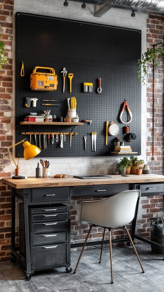 A modern home office with a pegboard system mounted on the wall, showcasing tools and supplies organized in an efficient manner.