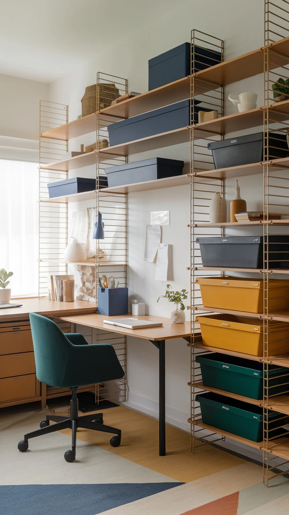 A modern home office featuring color-coded storage bins in various colors on open shelves.