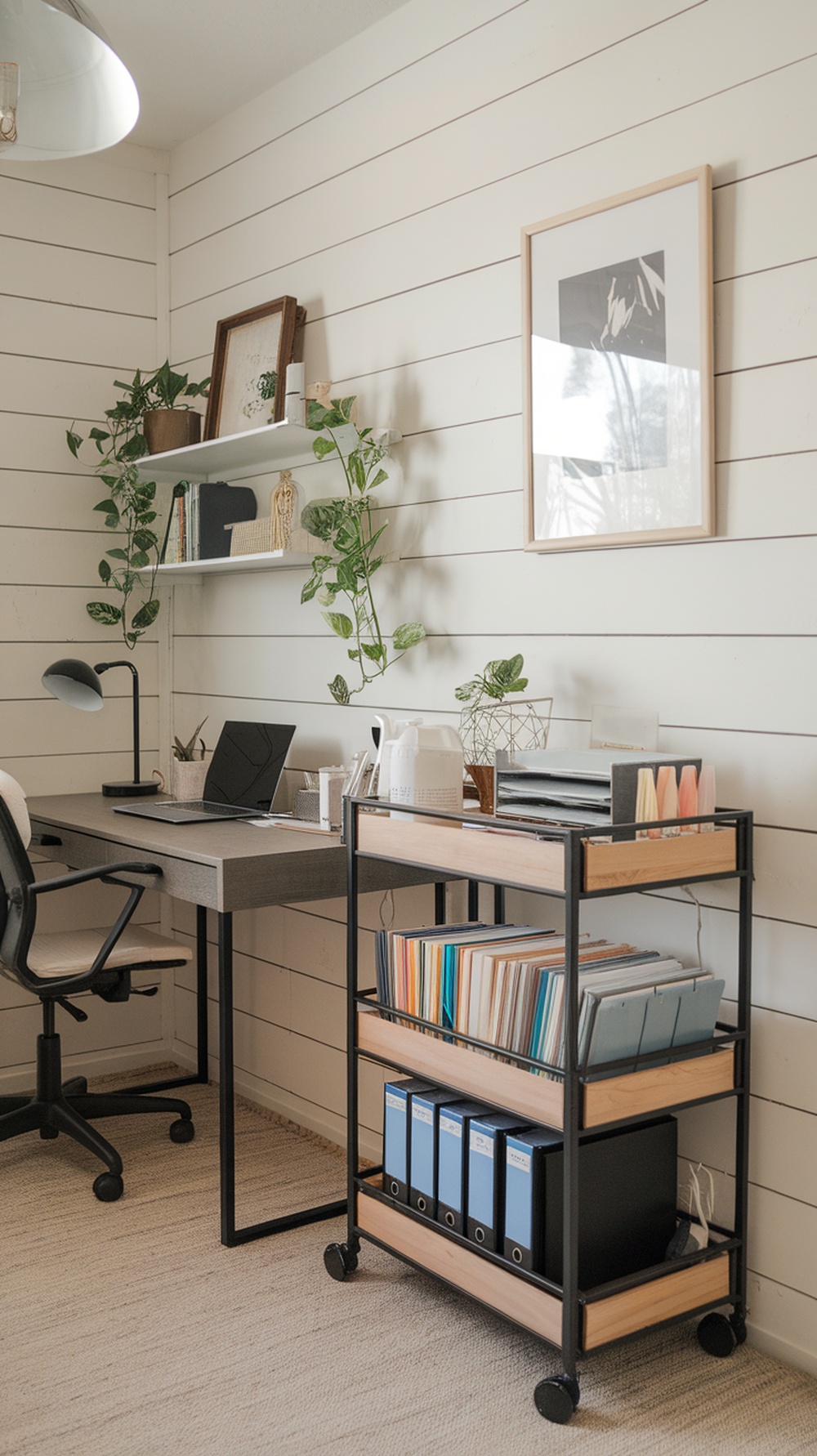 An organized home office featuring a rolling cart for supplies, with a desk, comfy office chair, and plants.