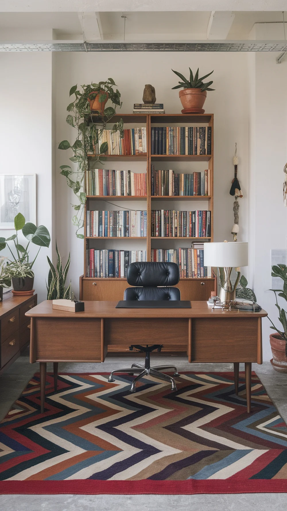 A stylish home office featuring a mounted desk, comfy office chair, and a colorful zigzag rug with plants and bookshelves in the background.