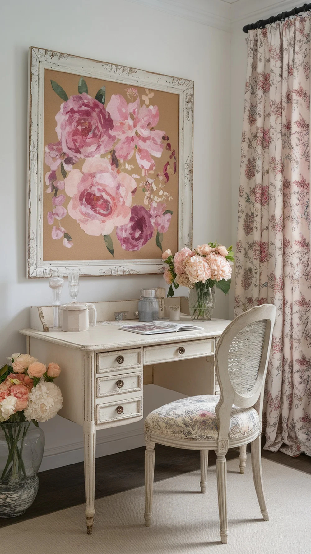 A stylish home office with a floral corkboard, vintage desk, and floral curtains.