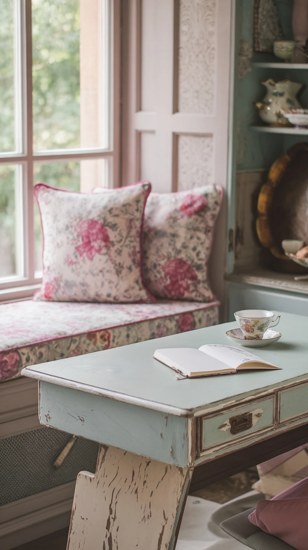 Cozy window bench with floral cushions and a small desk, offering a relaxing break space in a home office.