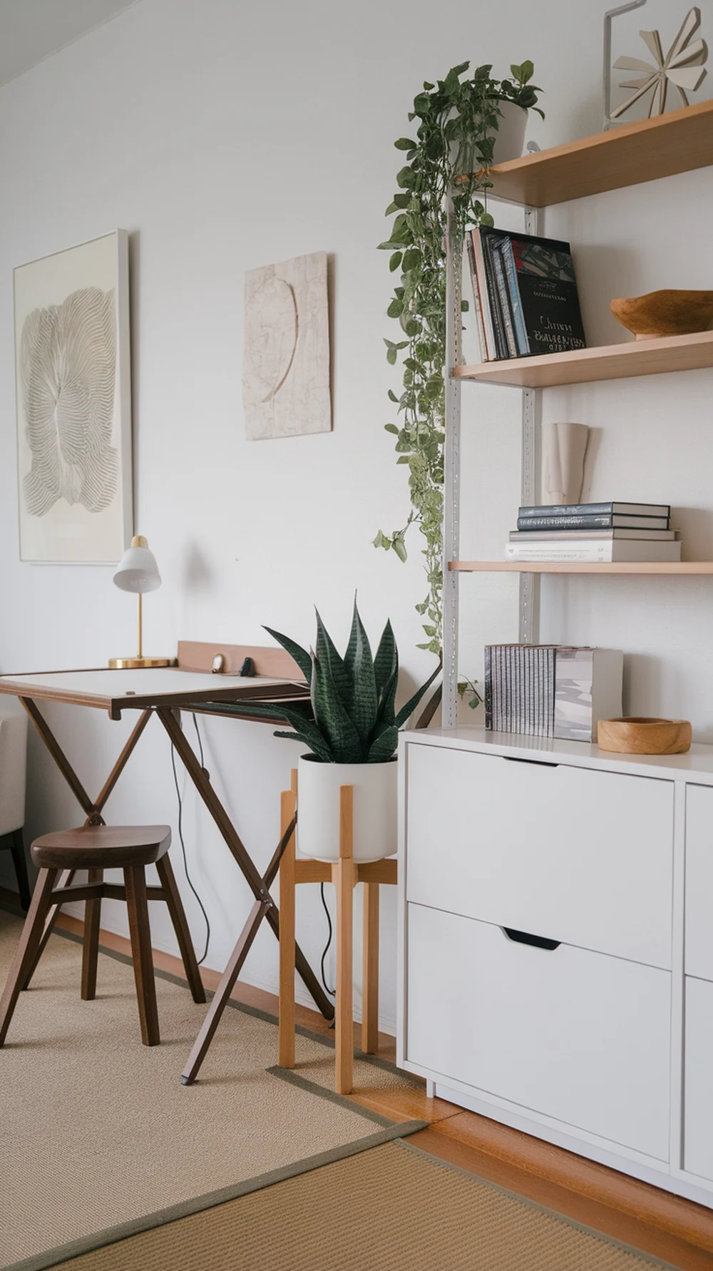 A stylish and organized home office setup featuring a mounted desk, a comfy chair, and greenery for a fresh look.