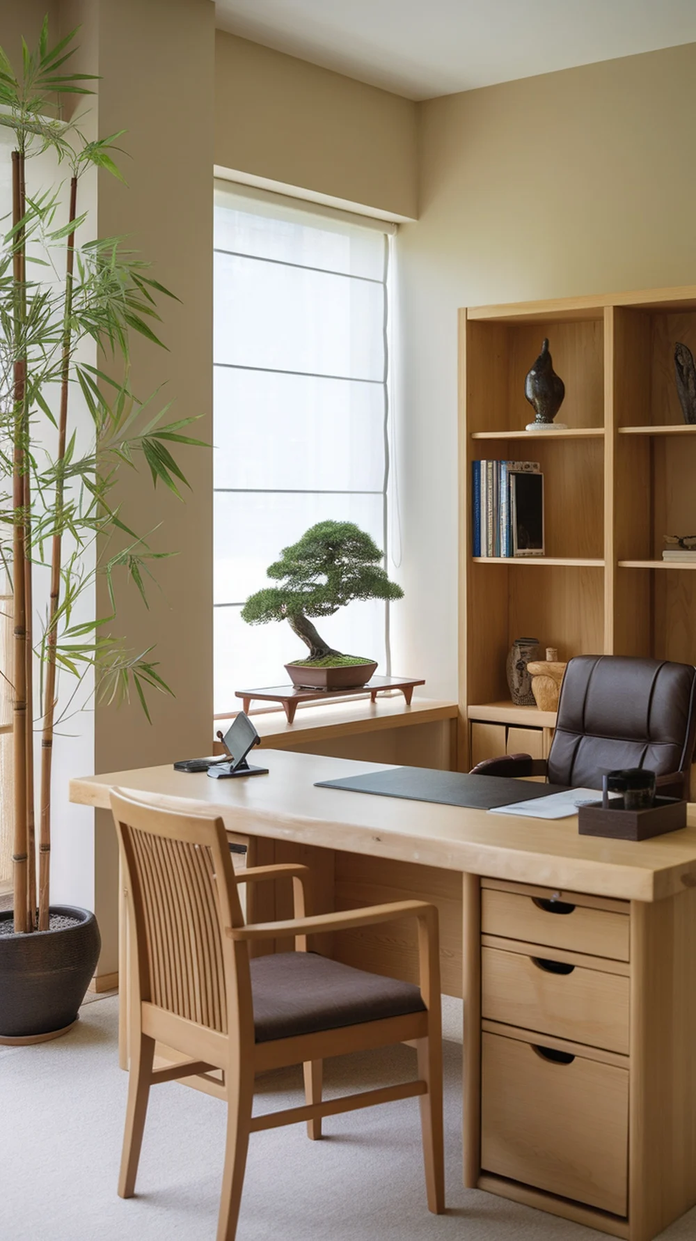 A well-lit home office with a mounted desk, comfy office chair, and a bonsai tree.