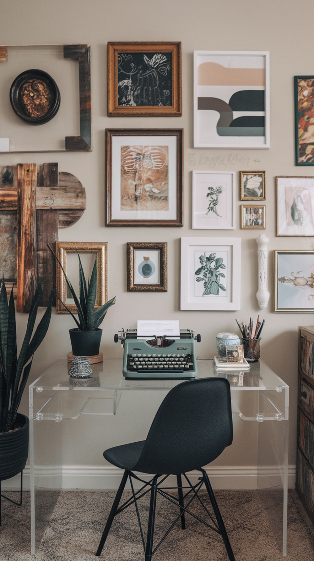 A stylish home office featuring a vintage typewriter, clear desk, and a mix of framed artworks on the wall.