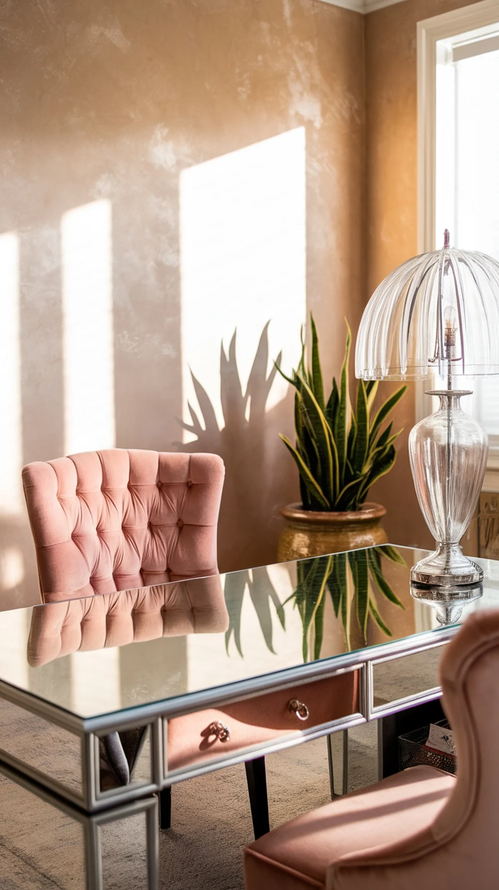 Stylish home office featuring a mirrored desk and plant decor