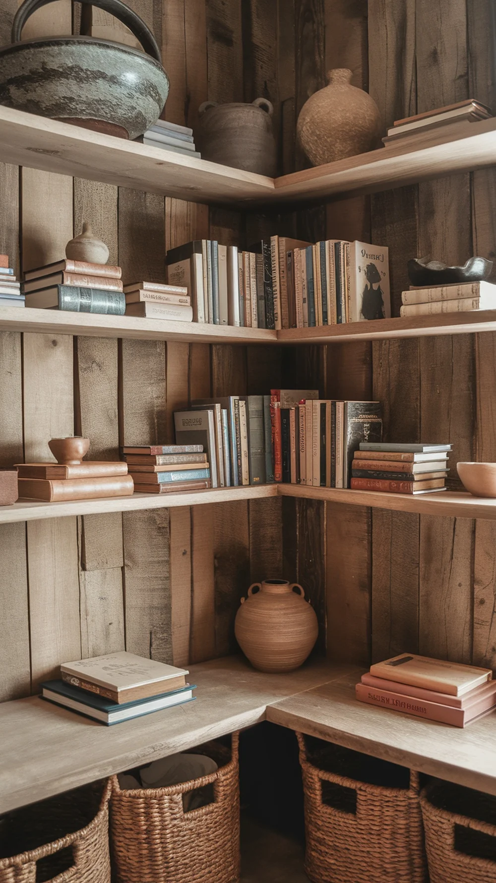 Stylish bookshelf with books and decorative items in a rustic setting