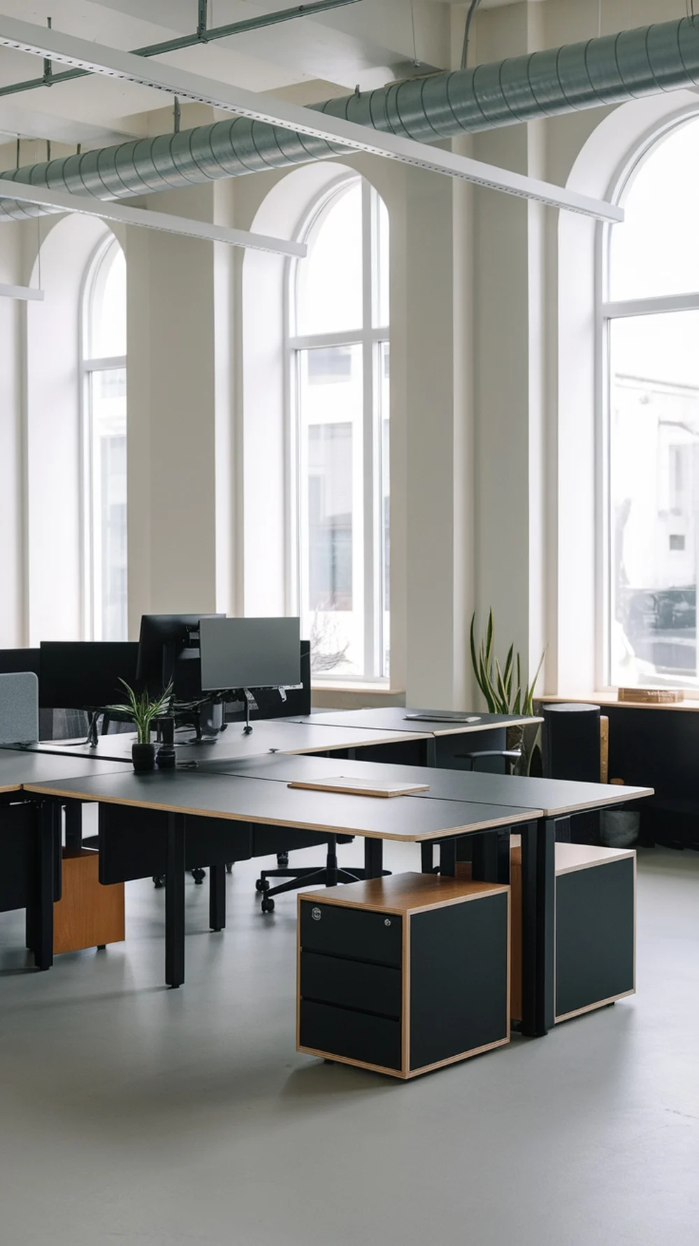 A modern office space featuring modular furniture with large desks and ergonomic setups.