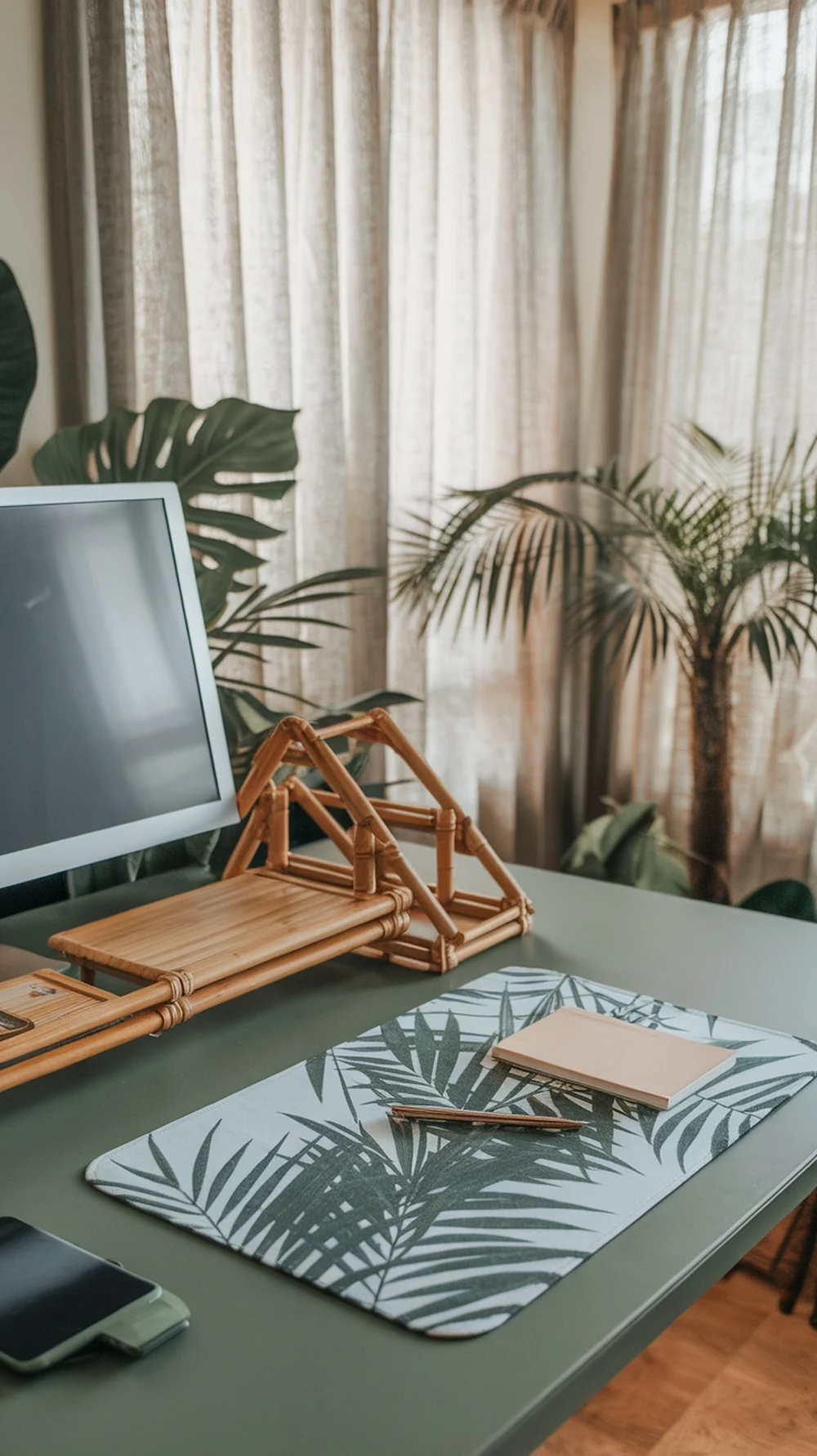 A stylish home office setup featuring a computer, bamboo desk stand, and greenery