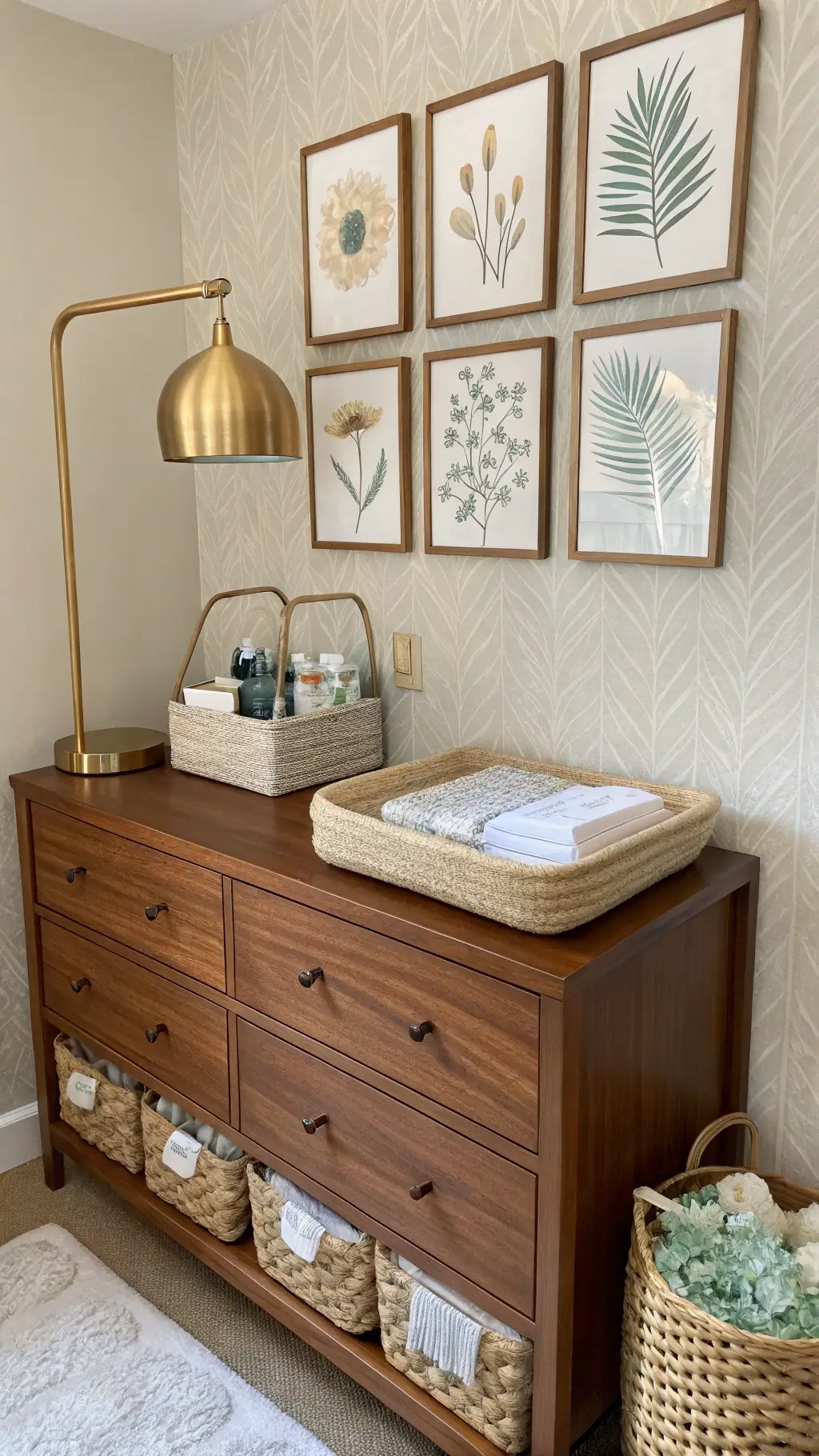 Walnut changing table with neatly organized essentials in woven baskets and clear containers, set against a textured grasscloth wall. Botanical art gallery above adds charm. A brass task lamp provides warm, focused light, creating a cozy and practical space.